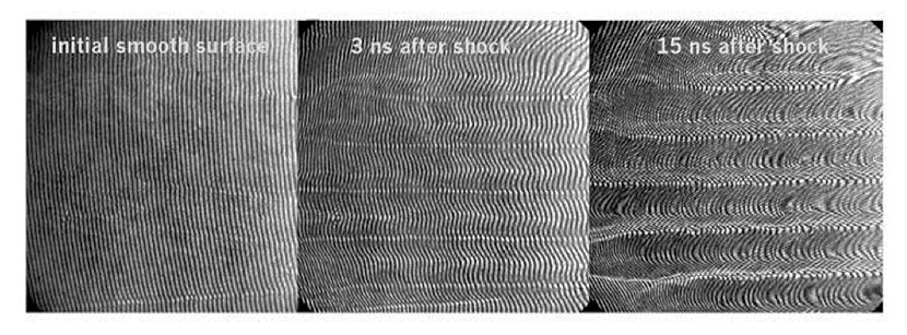 Rippled shock imprint of 1 micron amplitude in a copper target